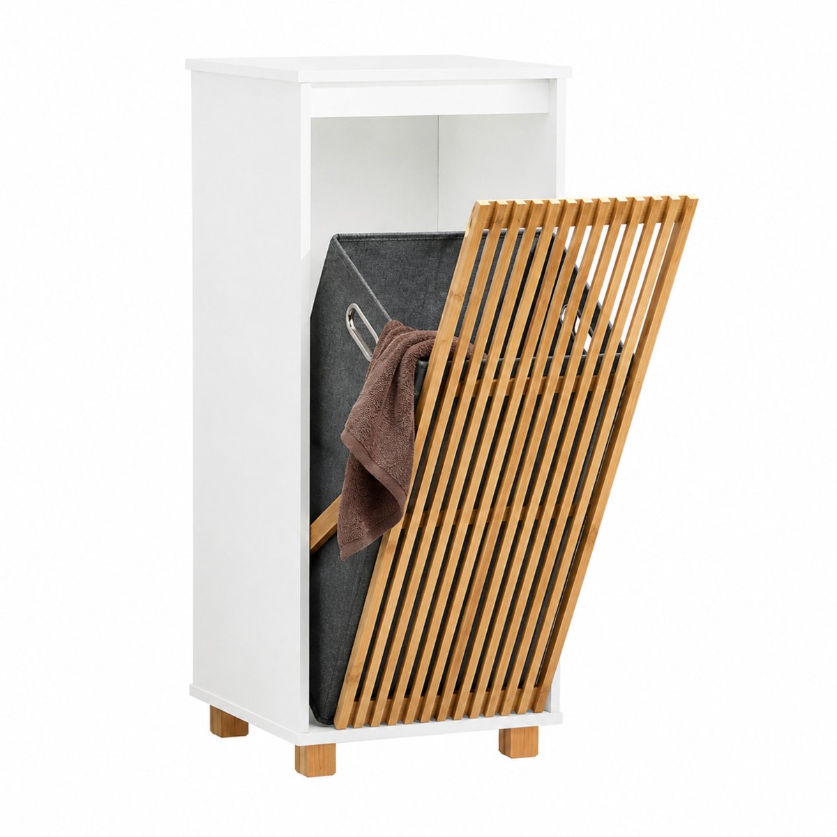 Noventra - Wasmand met Deksel - Bamboe Wasbox - Smalle Wasmand 55 Liter - Wasmand met Uitneembare Waszak - Wit