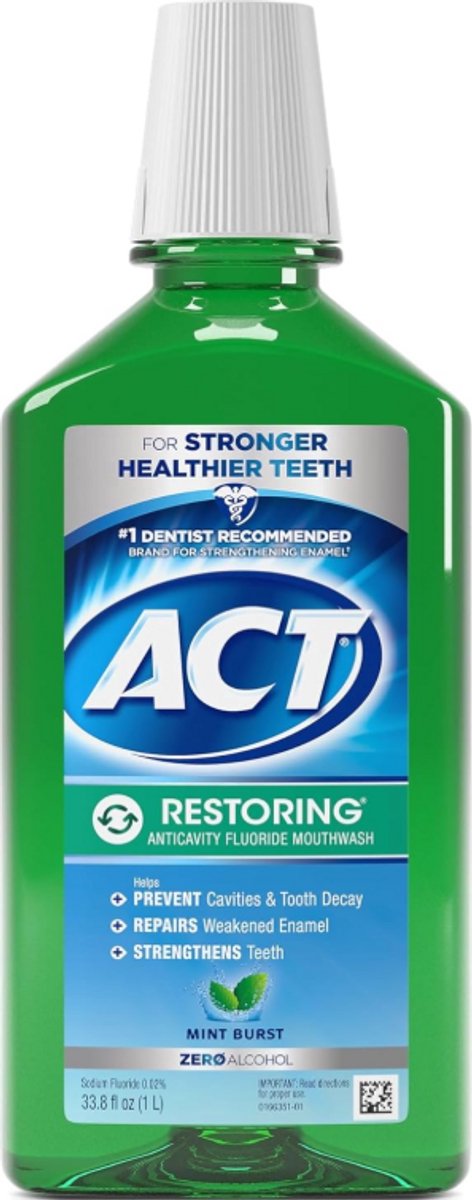 ACT Restoring Mondwater Zonder Alcohol met Fluoride – Mint Burst – Versterkt Tandglazuur – 1 Liter