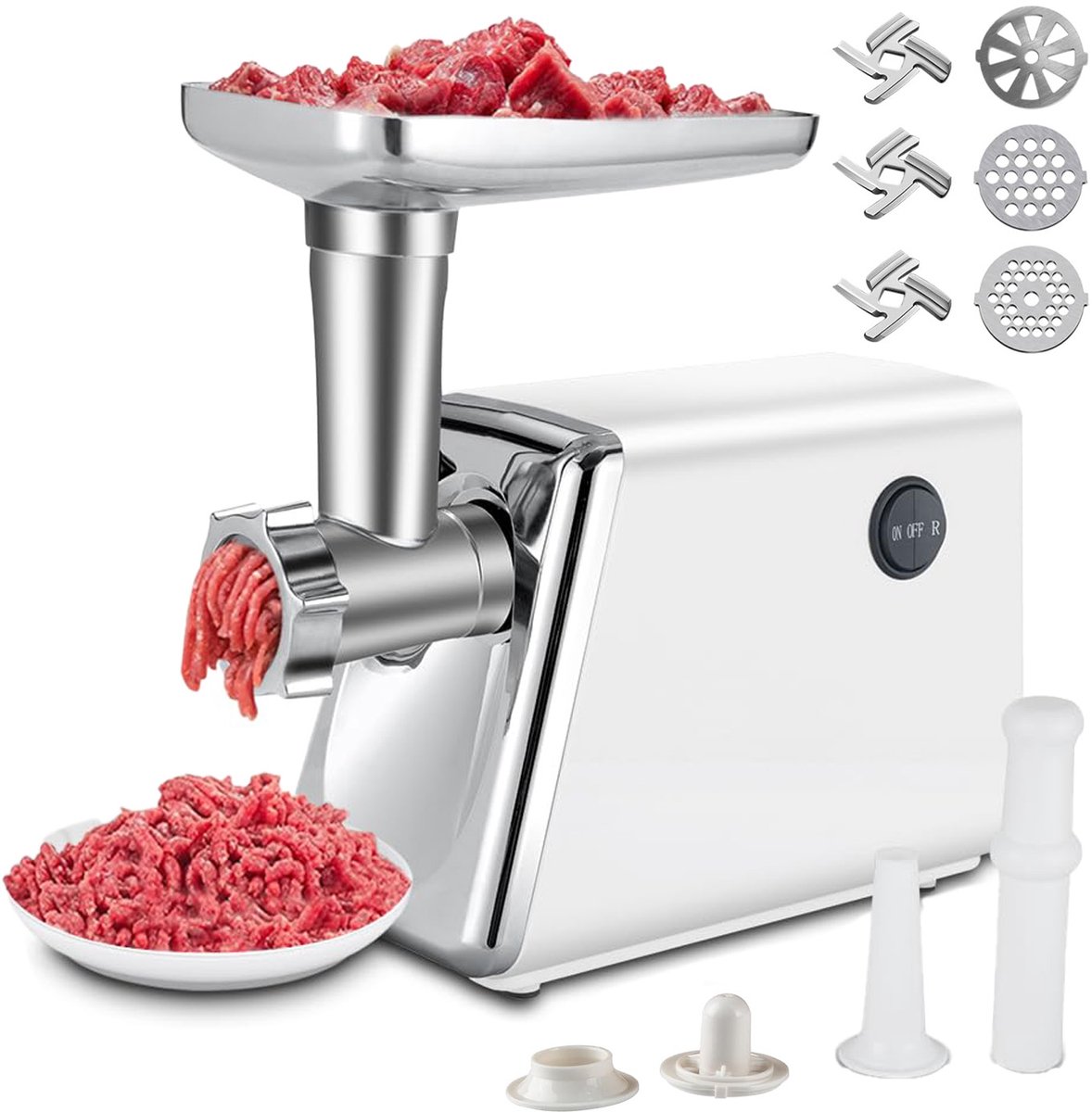 Elektrische vleesmolen - snijmachine - worstmaker - rasp - babyvoedingblender - volautomatische keukenmachine voor thuisgebruik - multifunctioneel - wit met gegalvaniseerd paneel