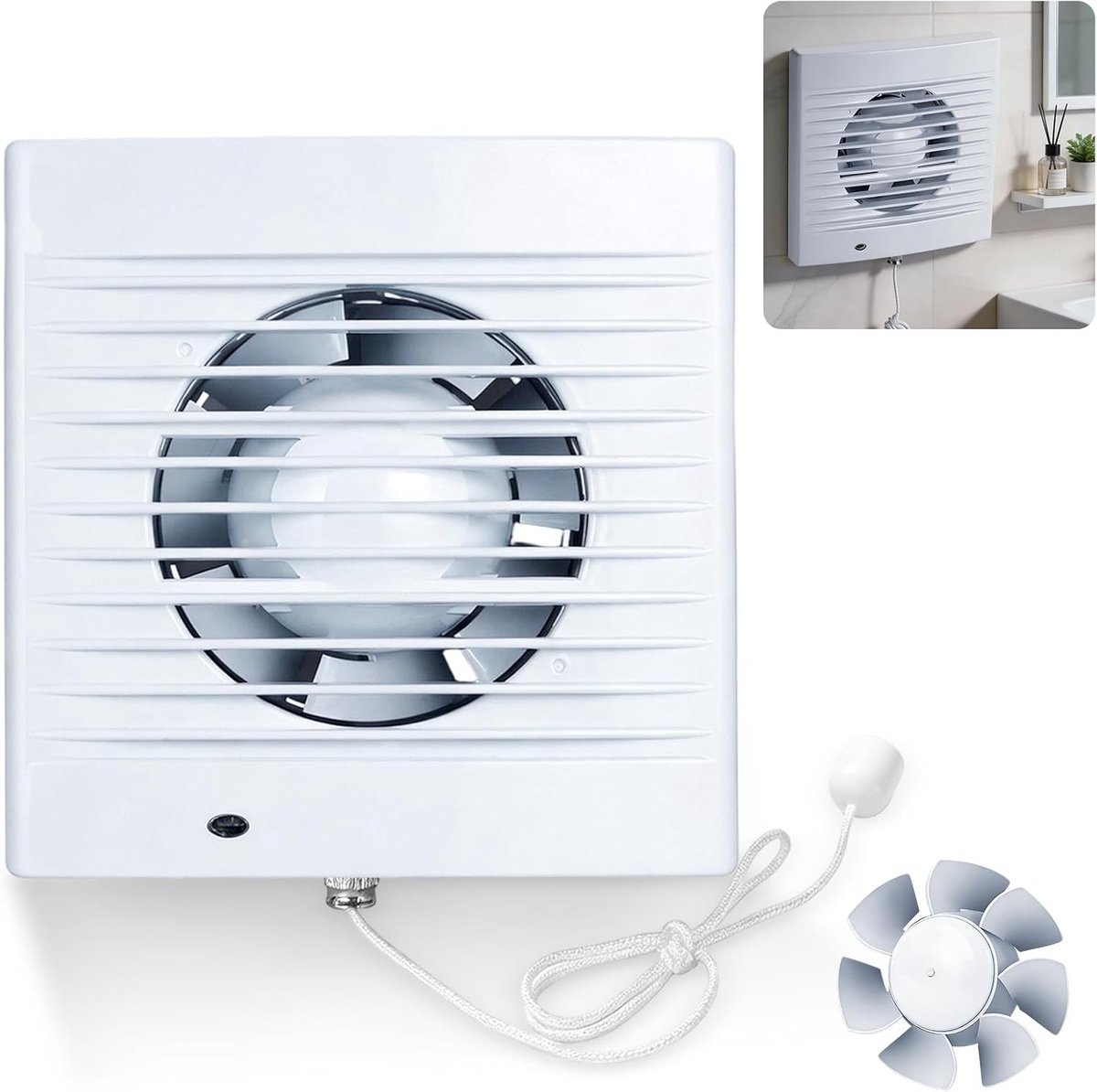 Afvoerventilator voor Badkamer - Wit - 100 mm - Geluidsarme Afzuiger met Snoerschakelaar - Voor Badkamers en Keukens