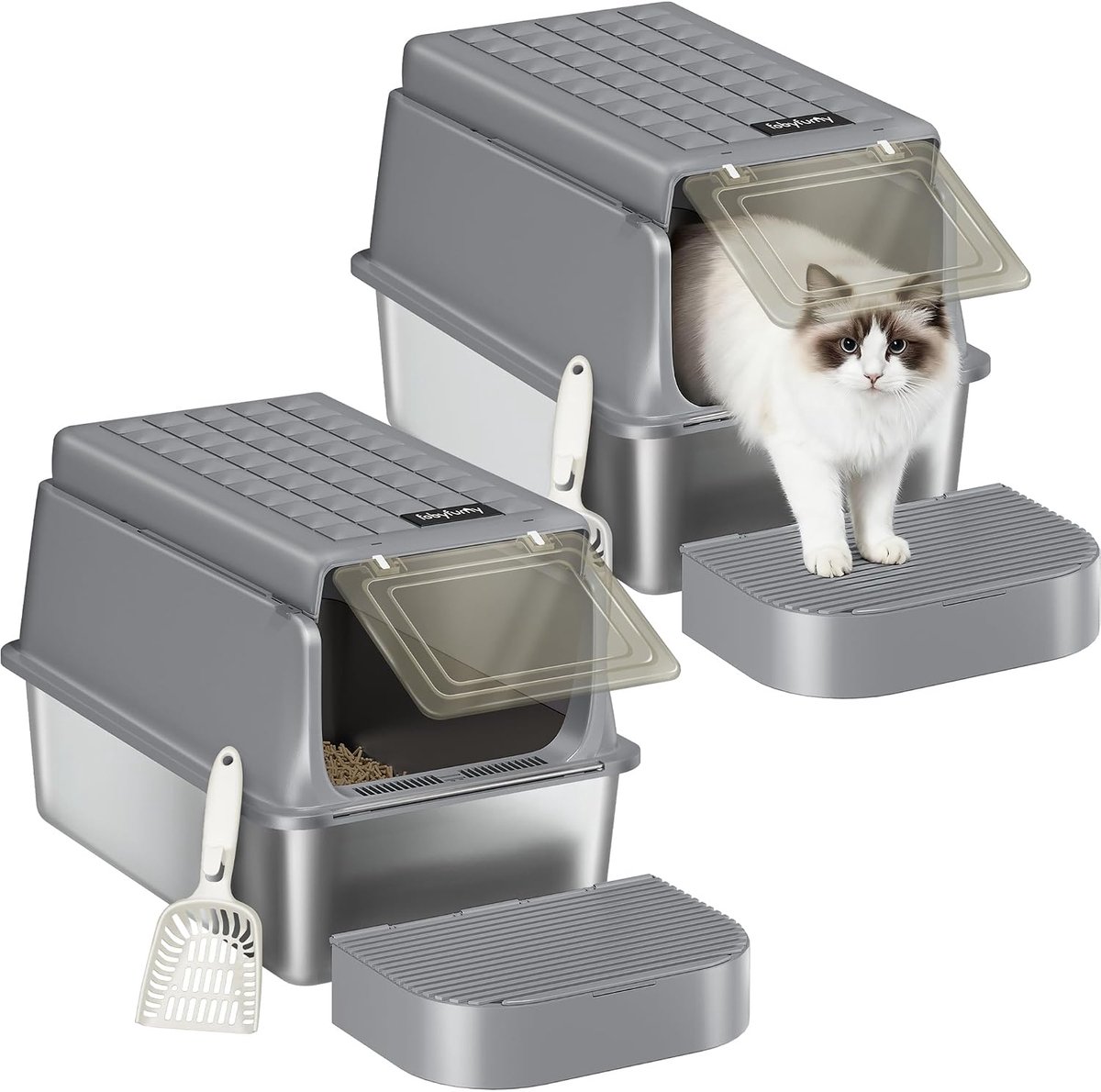Hzuaneri 2-delige Set Roestvrijstalen Kattenbak XXL, Donkergrijs, Gesloten Metalen Kattenbak, Inclusief Kattenbakschepje en Voetpedaal, Uitneembaar, 120° Klapdeksel, 60x40x38,5cm