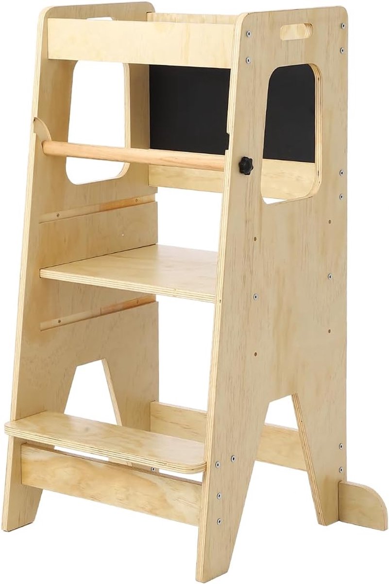 Montessori Leertoren Hout – Verstelbare Keukenhulp met Krijtbord – Veilig Opstapje voor Kinderen & Peuters – Anti-Kantel & Slipvrij – Natuurlijk Berkenhout