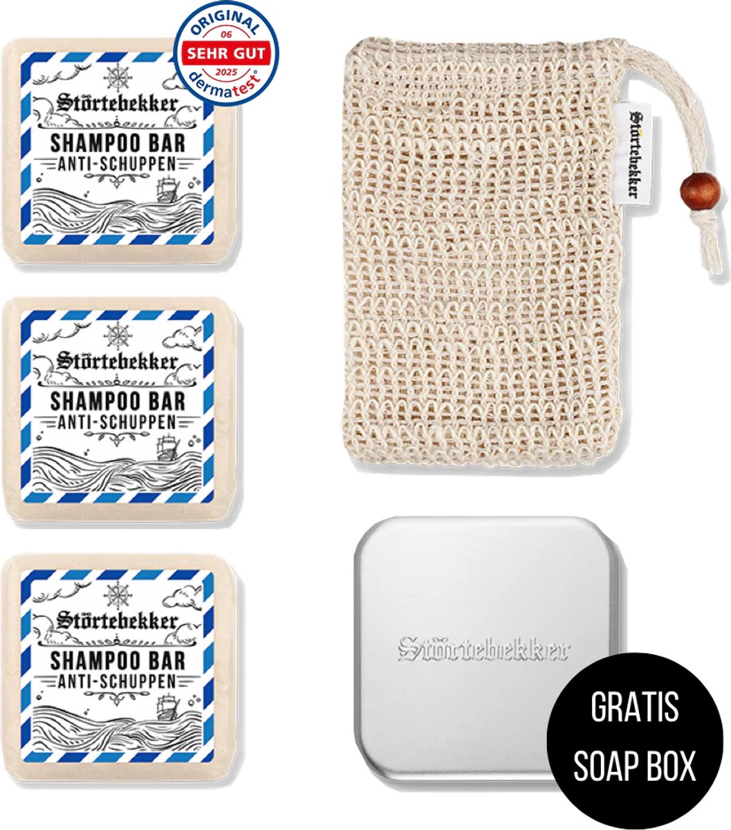 Störtebekker® Premium Doucheset Hair - Vaste shampoo (100 g x3), sisalzakje + GRATIS aluminium zeepdoosje - Shampoo Bar Set - Solid shampoo Set- Handgemaakt in NL