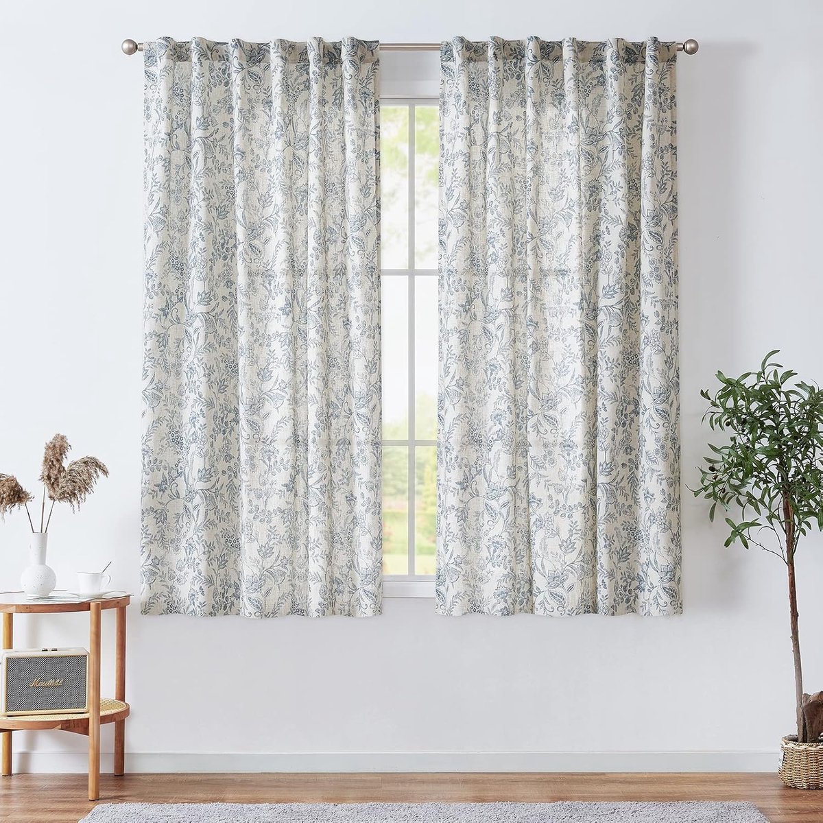 TOPICK Gordijnen linnen gordijnen bloemen bedrukt woonkamer gordijn met plooiband gordijnen woonkamer voor slaapkamer landhuis deur set van 2 blauw op beige 140 B x 245 H (cm)