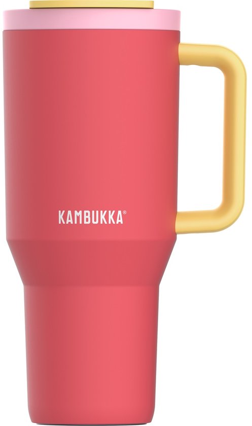 Kambukka Rio tumbler van 950ml in roze met gele handgreep en lichtroze deksel.