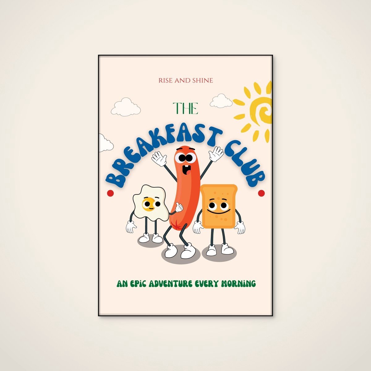 Akoestisch schilderij - 80 x 120 cm - Cartoon Breakfast Buddies van Nazma Khokhar - Abstracte wanddecoratie - zwart textielframe