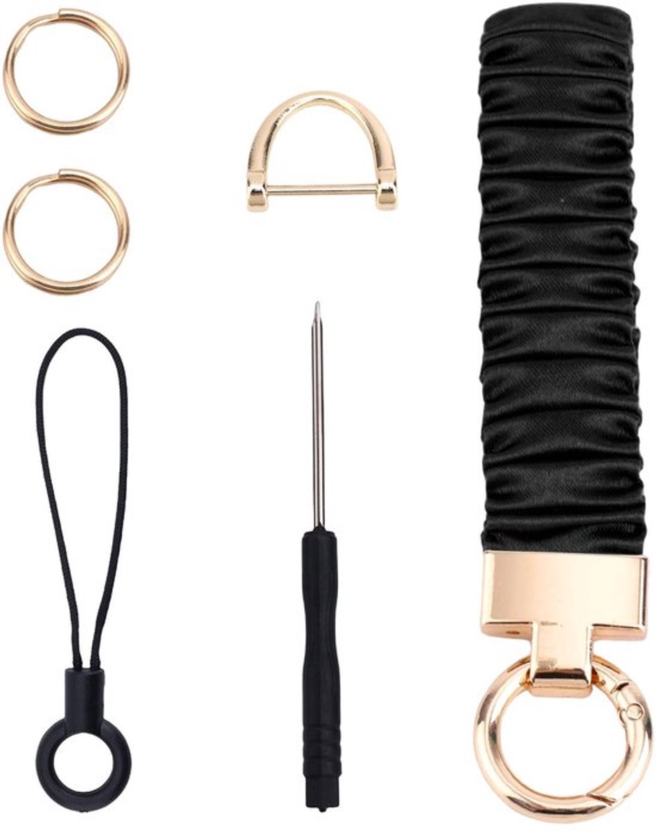 Sleutelhanger met polsbandje, rekbaar koordje met 3 ringen, 1 telefoonkoordje, 1 schroevendraaier voor dames en heren, autosleutels, ID-badges en portemonnee.