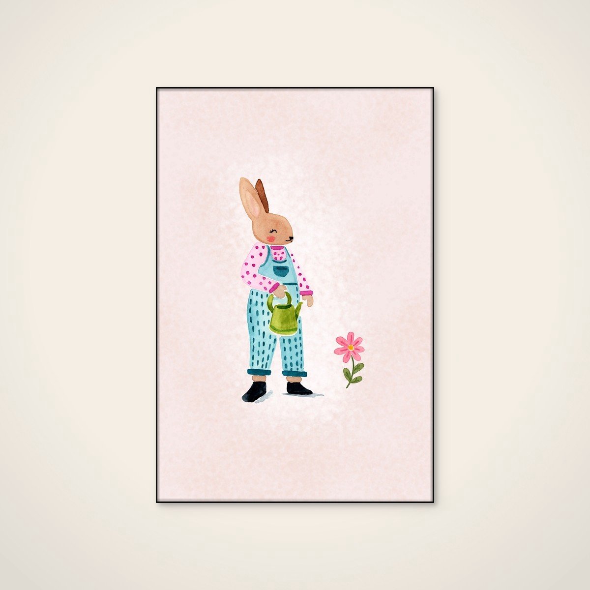 Akoestisch schilderij - 80 x 120 cm - Sweet Bunny Gardener van Abigail Morales - Abstracte wanddecoratie - zwart textielframe