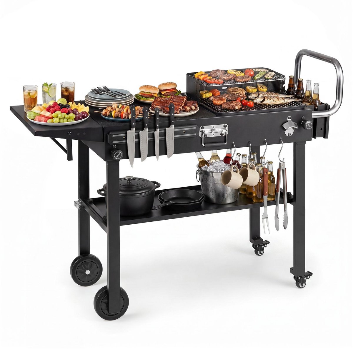 Buitenkeuken op Wielen – BBQ Trolley – Met Opbergkast & Planken – Werktafel voor Buiten – Multifunctioneel –Zwart