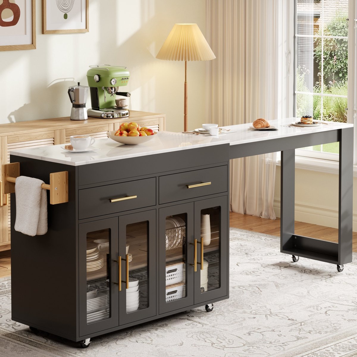 MODFU - Keukenkast - Uitschuifbare Bartafel - Glazen Deuren - Lades - MDF - Zwart