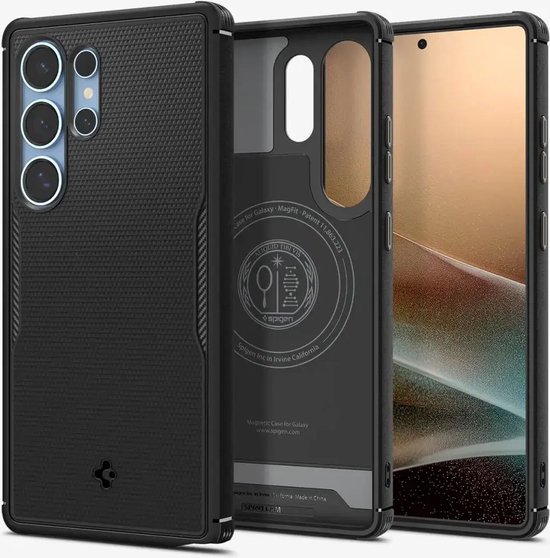 Coque noire Spigen Core Armor MagFit pour Samsung Galaxy S23 Ultra, ouverte pour montrer l'intérieur avec compatibilité MagSafe.