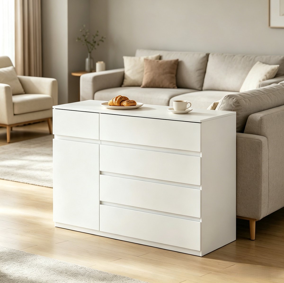 Wishdor - Opbergkast - 5 lades en kastvak - moderne ladekast voor slaapkamer, hal of keuken - houtlook met verstelbare plank - wit - 100 x 40 x 80 cm
