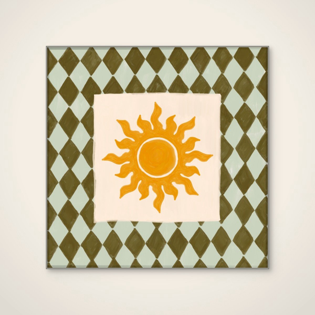 Akoestisch schilderij - 80 x 80 cm - Sunny Diamond Pattern van Katarzyna Gąsiorowska - Geometrische wanddecoratie - zilver textielframe