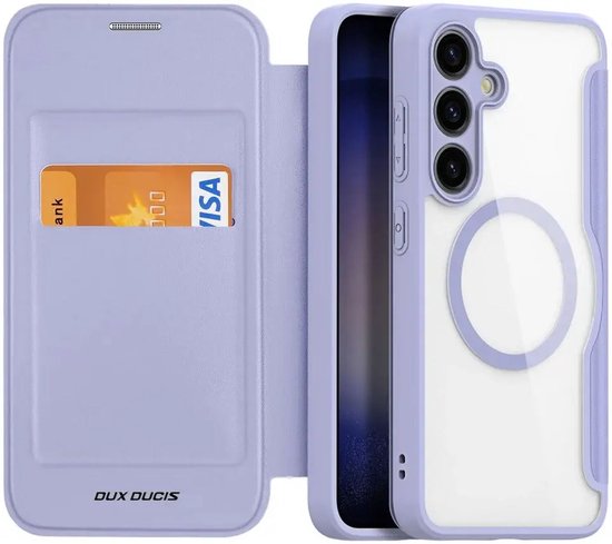 Paars telefoonhoesje met een gleuf voor een bankpas en een doorzichtig achterpaneel met MagSafe magneet.