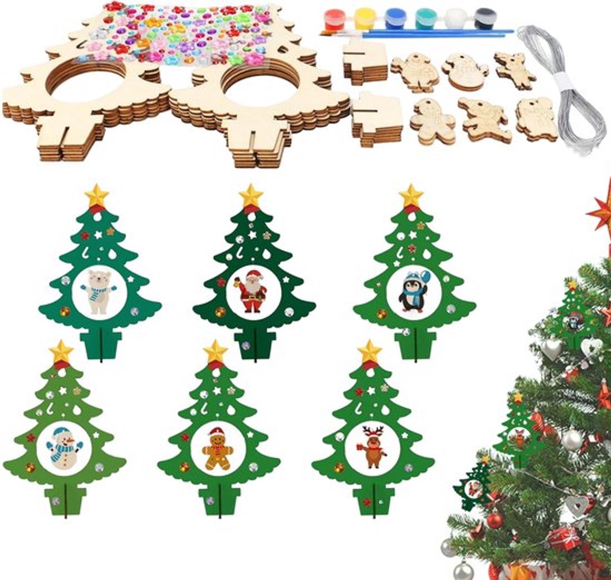 12 Stuks Houten Kersthangers om te Schilderen, Doe-Het-Zelf Kerstdecoratie, Kerstboomdecoraties, Gekleurde Kwast voor Schilderdecoratie
