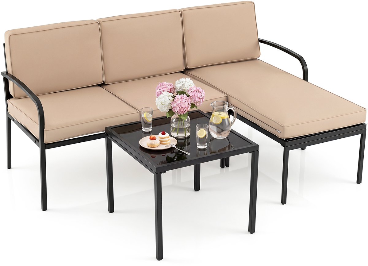 COSTWAY Tuinlounge 3-delig, tuinmeubelset, outdoor lounge met tafel en kussens, terrasmeubels, zitgroep voor tuin, terras, balkon (bruin)