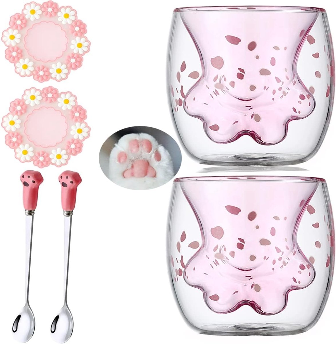 Dubbelwandige glazen met schattige kattenpootjes, set van 2, ideaal voor koffie en thee, perfect als cadeau voor vrouwen en vriendinnen