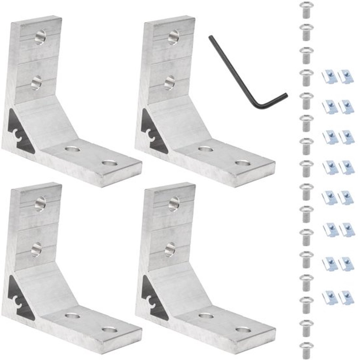 4 stuks 4040 hoekbeugels set met 16 stuks M8 T-groef moeren, 16 stuks M8 x 18mm zeskantbouten en 1 stuk M5 sleutel voor 2020 serie aluminium extrusieprofielen