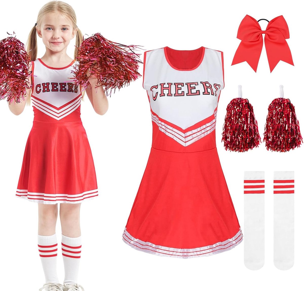 Carnavalsjurk voor Meisjes, Cheerleader Kostuum met Pompons en Strik Haarspeldjes voor Feestjes en Evenementen