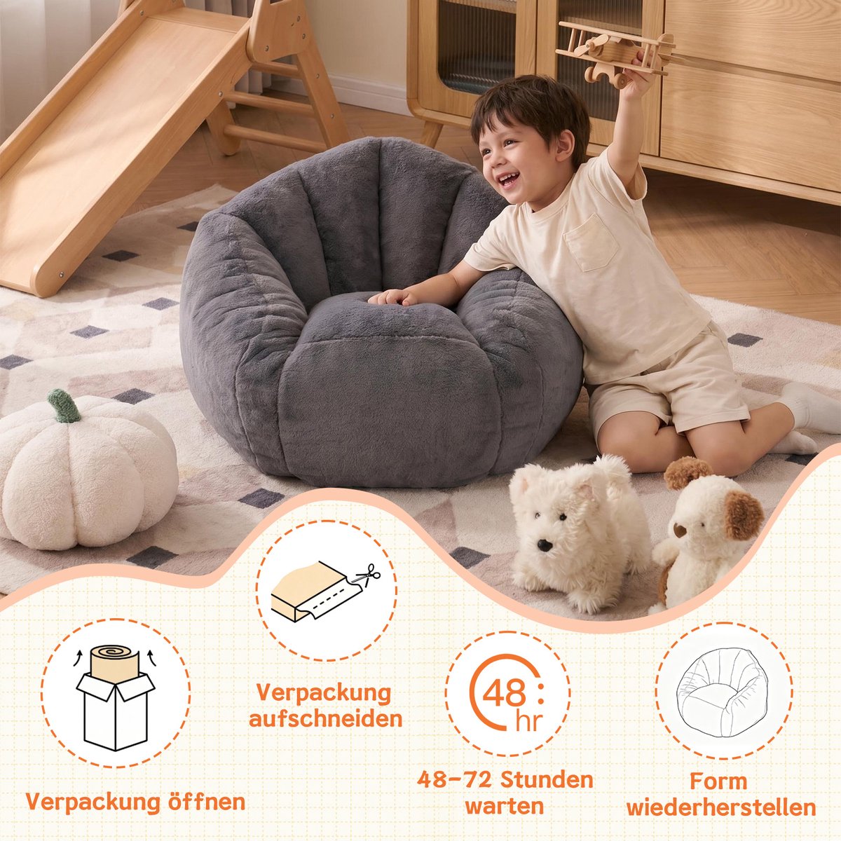 HAUSS SPOLE Zitzakstoel - Kinder Zitzak Met Rugleuning - Zacht Pluche Comfort - Voor Speelkamer En Leeshoek - Polyester Grijs