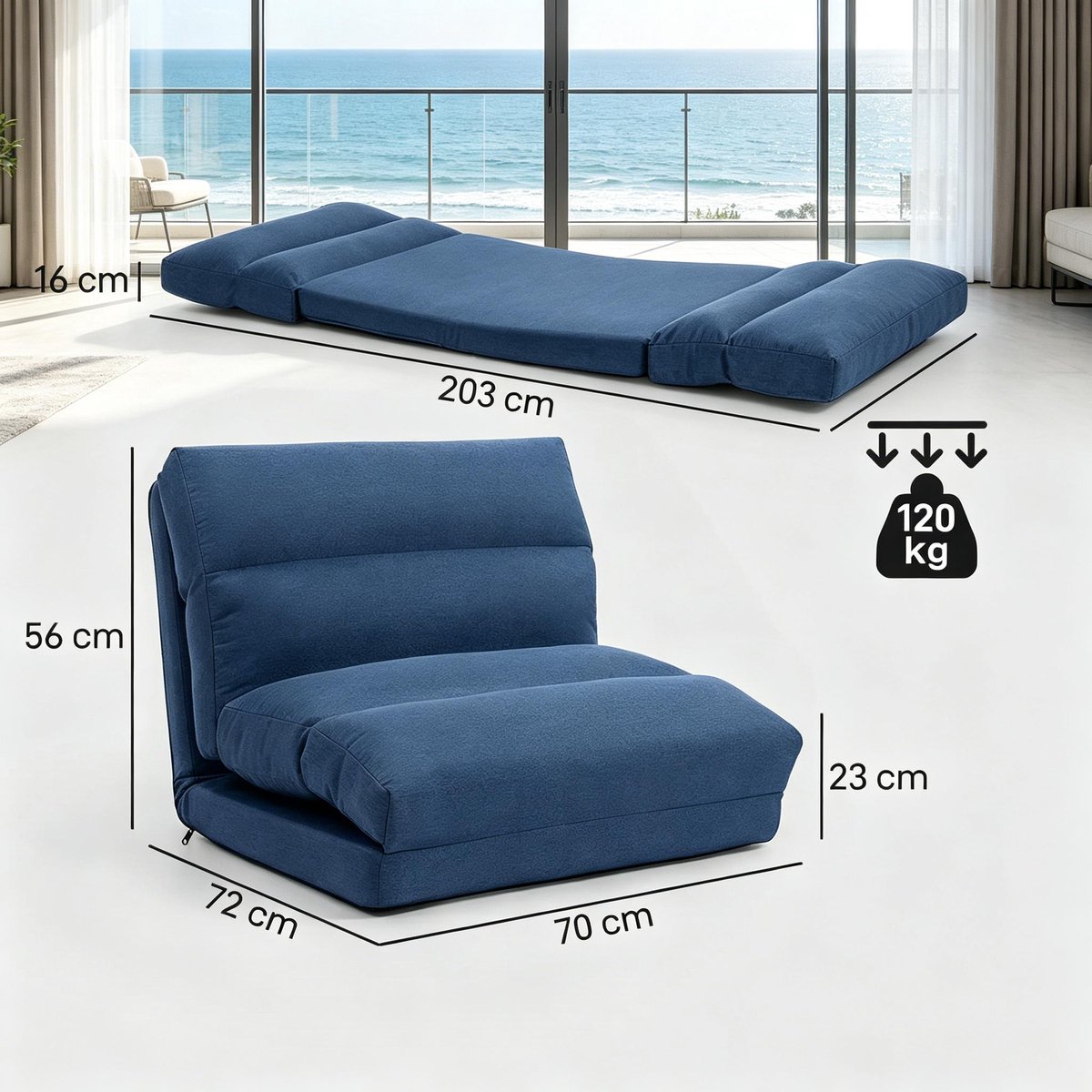 HAUSS SPOLE Chaise Longue - Verstelbare Vloerstoel - 5 Standen en Uitklapbaar Tot Ligbed - Voor Woonkamer en Logeerkamer - Polyester Blauw