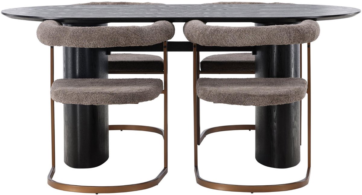 Isolde eethoek eettafel zwart 4 stoelen bouclé bruin.