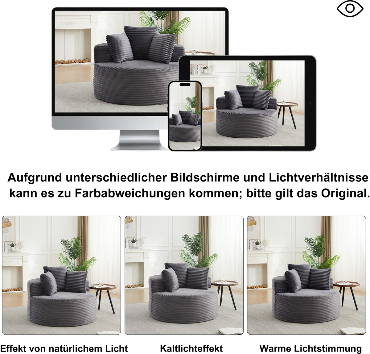 HAUSS SPOLE Fauteuil - Ronde Loungefauteuil - Met 3 Sierkussens En Brede Armleuningen - Voor Woonkamer En Slaapkamer - Cord Grijs