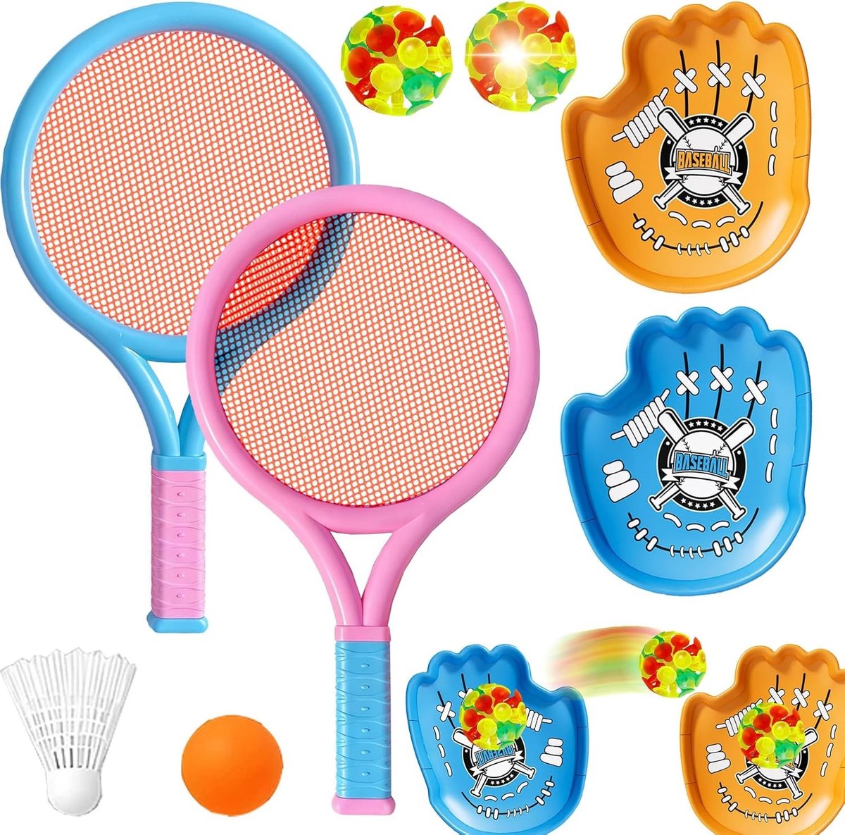 Federbal badmintonset 3-in-1 voor kinderen, met dinosaurus en eenhoorn, inclusief 6 verschillende ballen voor indoor en outdoor plezier