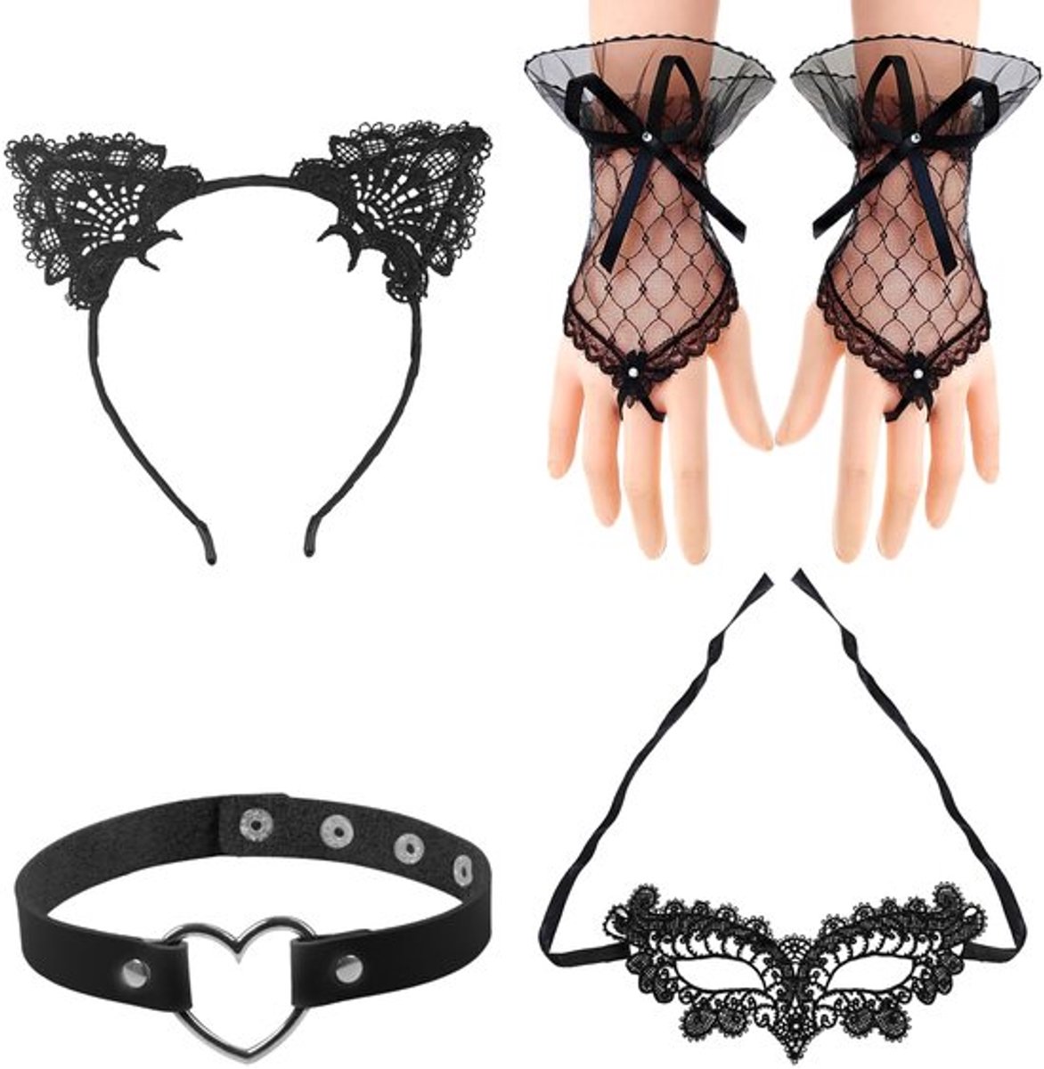 4-delig zwart kattenkostuum set, Halloween kostuum accessoires, katten verkleedset accessoires, geschikt voor feest, Halloween, Kerst en andere speciale feestdagen (zwart)