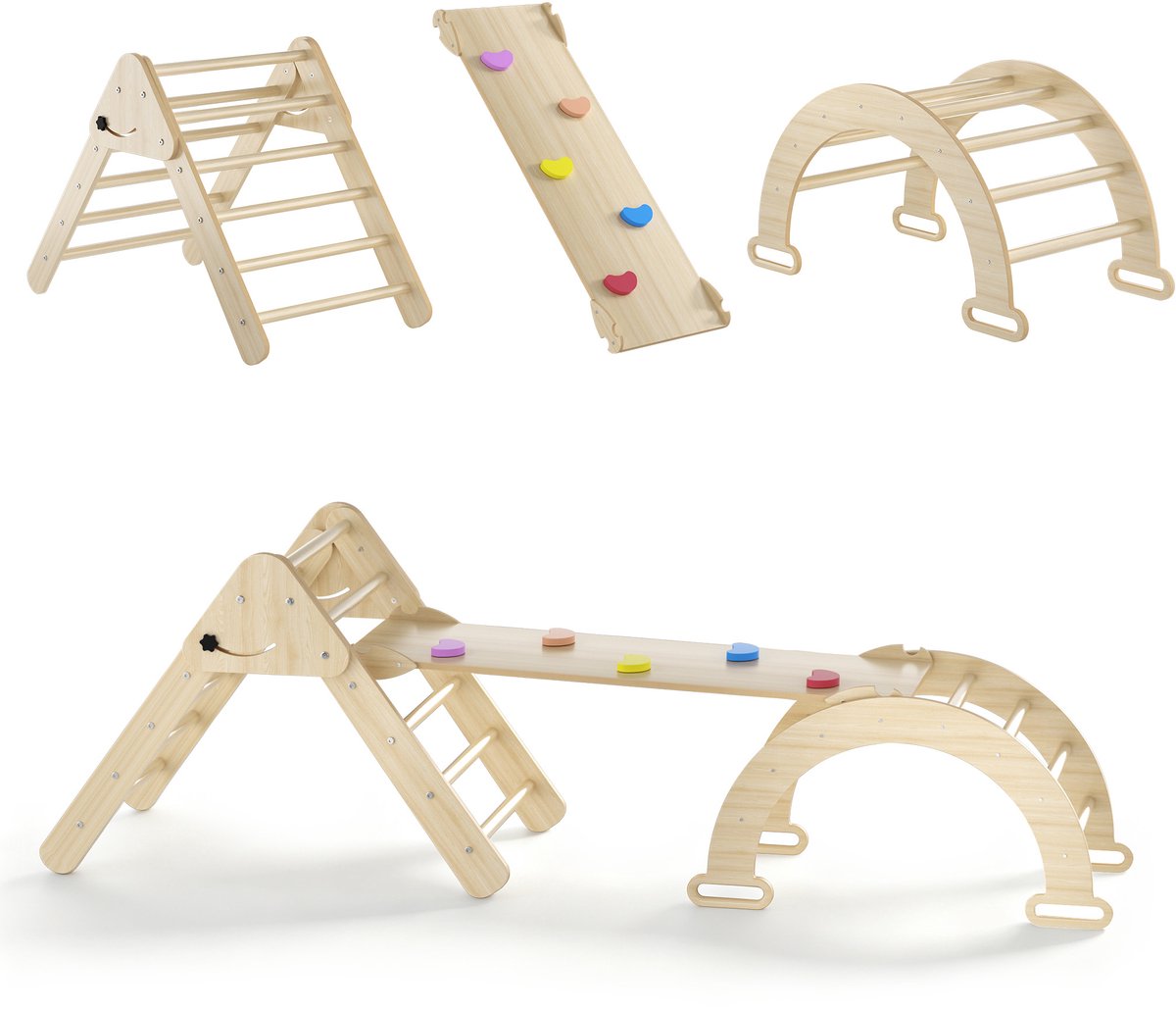 3-in-1 Klimrek voor Kinderen – Klimdriehoek met Klimboog & Omkeerbare Glijbaan – Houten Indoor Speeltoestel