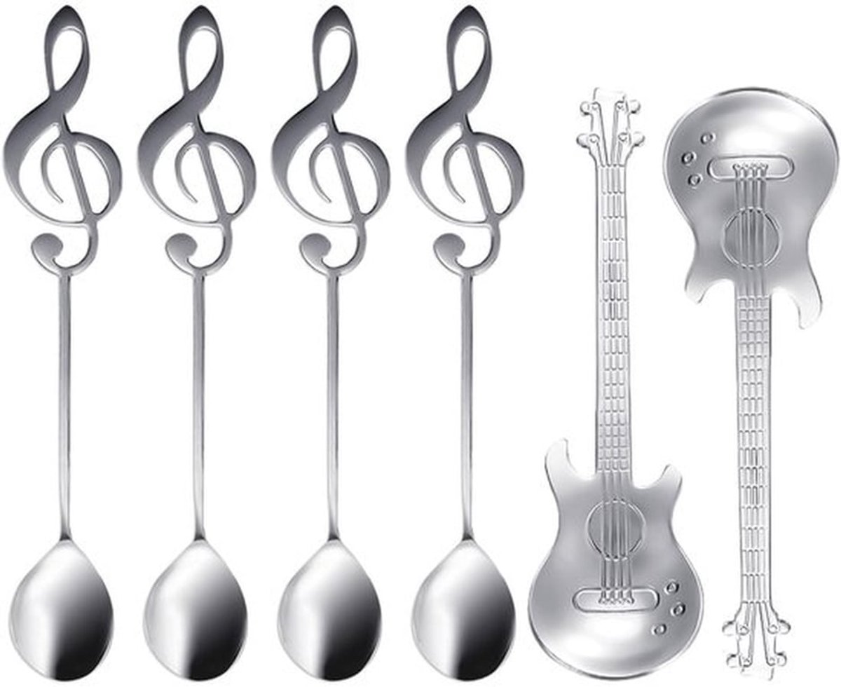 6 Stuks RVS Lepels - Creatieve Muzieknoot en Gitaar Lepels - Ideaal voor IJs en Koffie