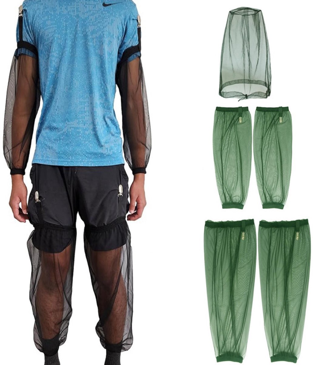 5-delige klamboeset – 1 hoofdnet + 2 armhoezen + 2 beenhoezen – Fijnmazig – Anti-muggenset voor buiten in de zomer – armhoezen – Beenhoezen voor kamperen en sporten – Anti-muggenhoed voor tuinieren en vissen – Geschikt voor kamperen, vissen en meer
