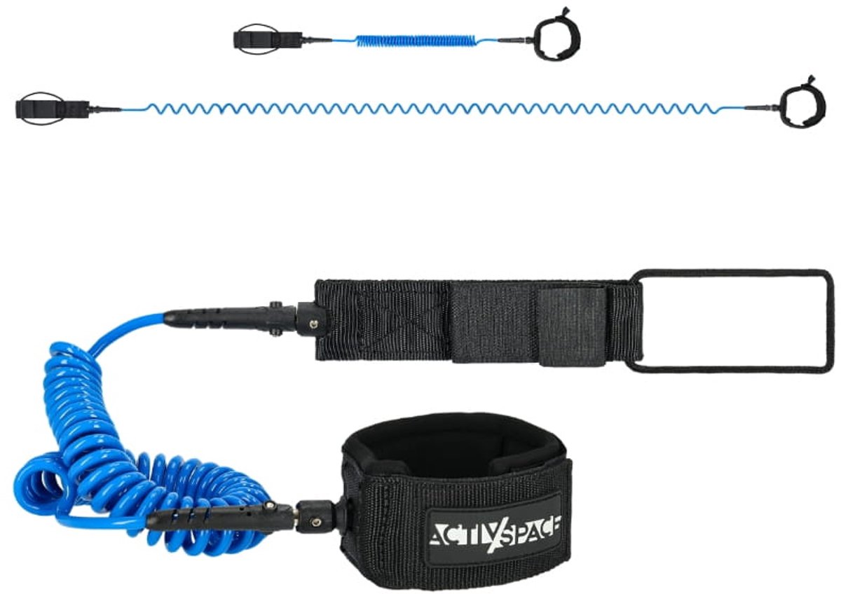 ACTIV/SPACE Leash de Sécurité pour SUP - Cordon de Cheville Spiralé - 75 à 300 cm - Bleu & Noir