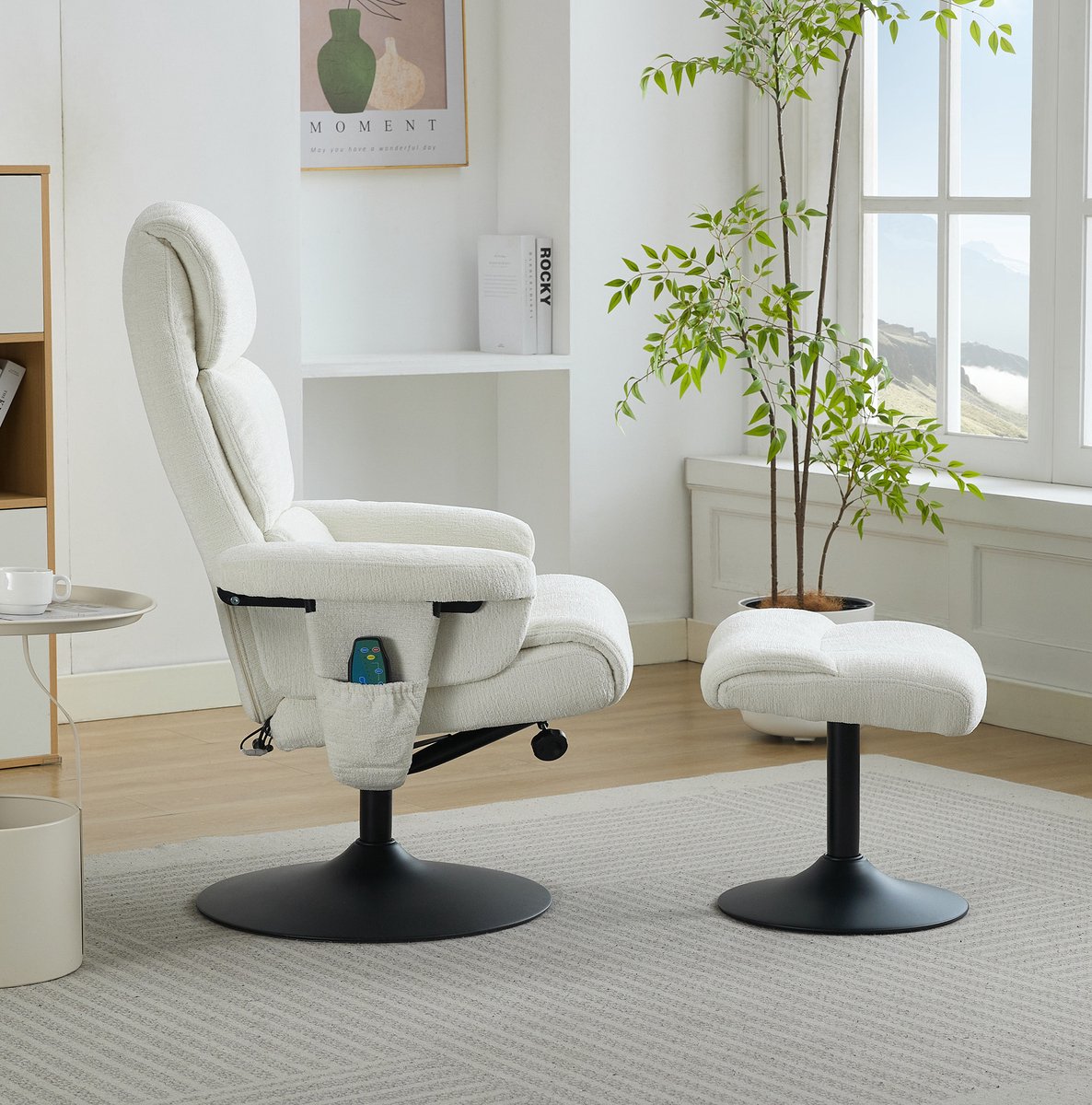 FloraGrace Relaxfauteuil Met 5-Punts Massage En Verwarming - 360° Draaibaar Met Hocker - Woonkamer Slaapkamer - Chenille - Wit – foto 3