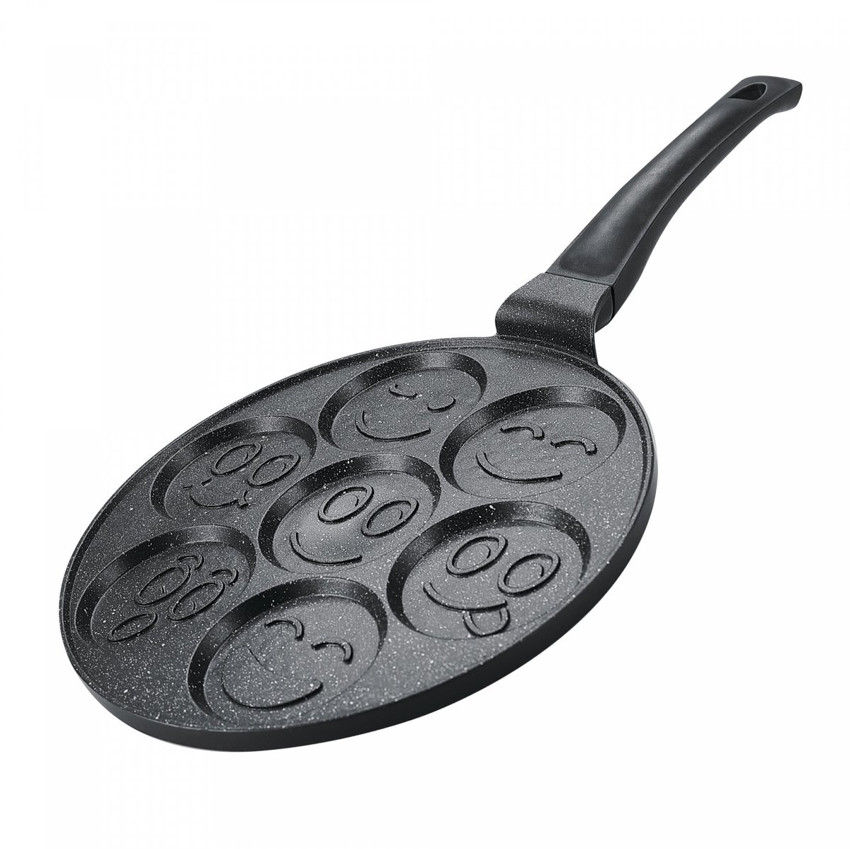 Smiley Pannenkoekenpan 26 cm – Poffertjespan met 7 Emoji Vormen – Marmeren Anti-aanbaklaag – Inductie – Zwart