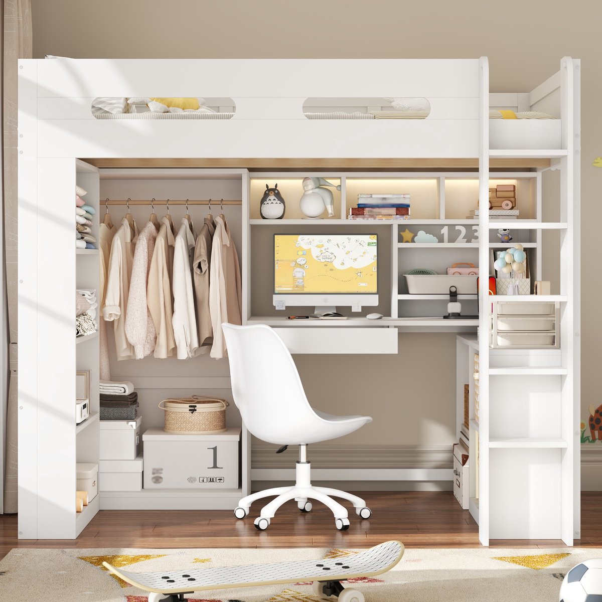 Wishdor - Hoogslaper - 90x200 cm met bureau, kast, planken en LED-verlichting - ruimtebesparend voor slaapkamer - houtlook wit - 204,5 x 94,5 x 174,5 cm