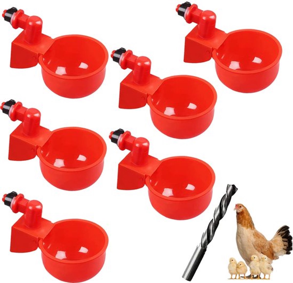 Automatische drinkbekers voor vogels, met 9 mm boor, automatische kunststof kippenbekers, rode plastic drinker voor vogels, gevogelte, duiven, kippen, eenden, 6 stuks