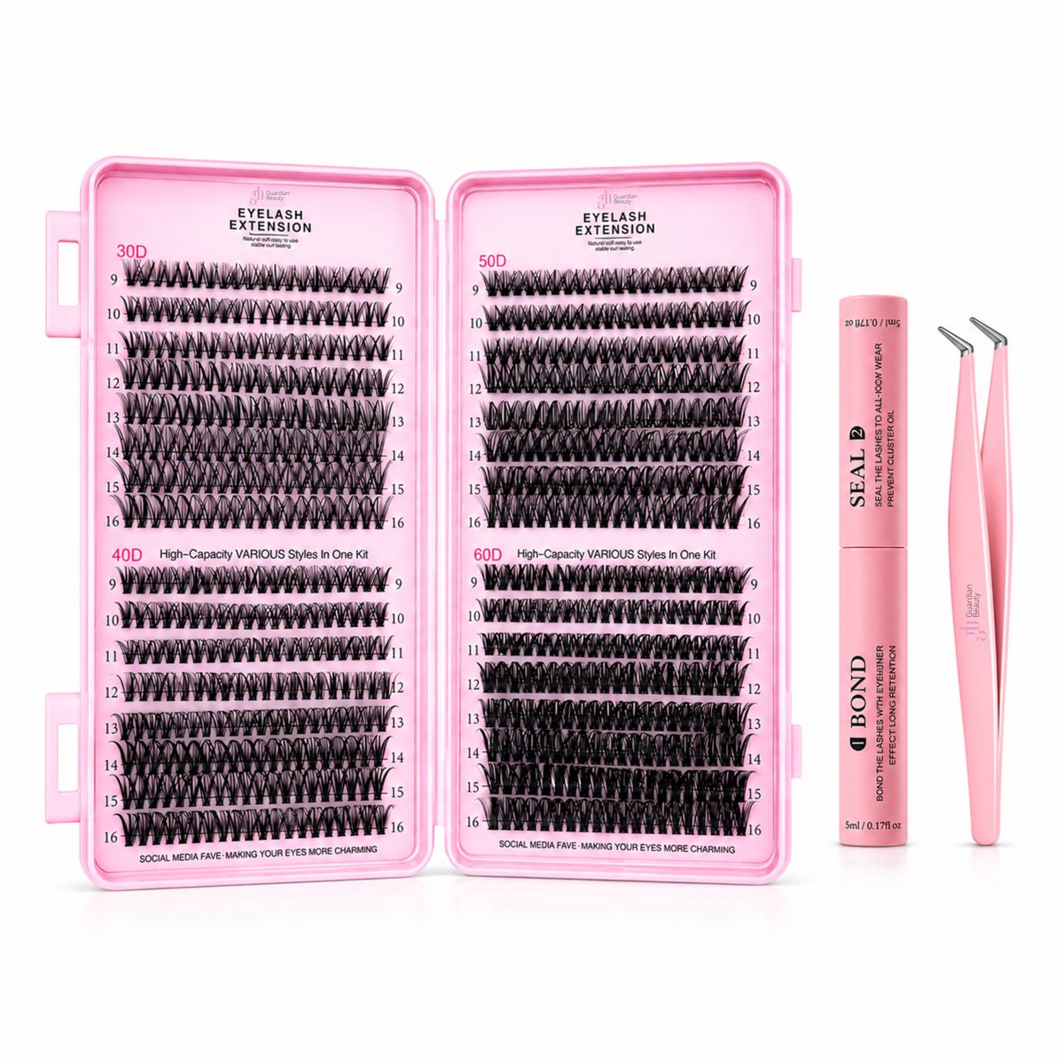 Guardian Beauty Wimper Extensions Set - Cluster Wimpers 60D Mix - Bond & Seal Wimperlijm 10ml - Dubbelkoppig - Inclusief Roze Pincet