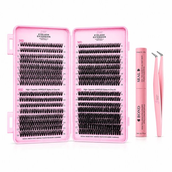 Roze set met wimperboxylades voor wimper-extensions, 30D en 40D, en 50D en 60D. Bevat ook een roze wimperlijm en roze pincet.
