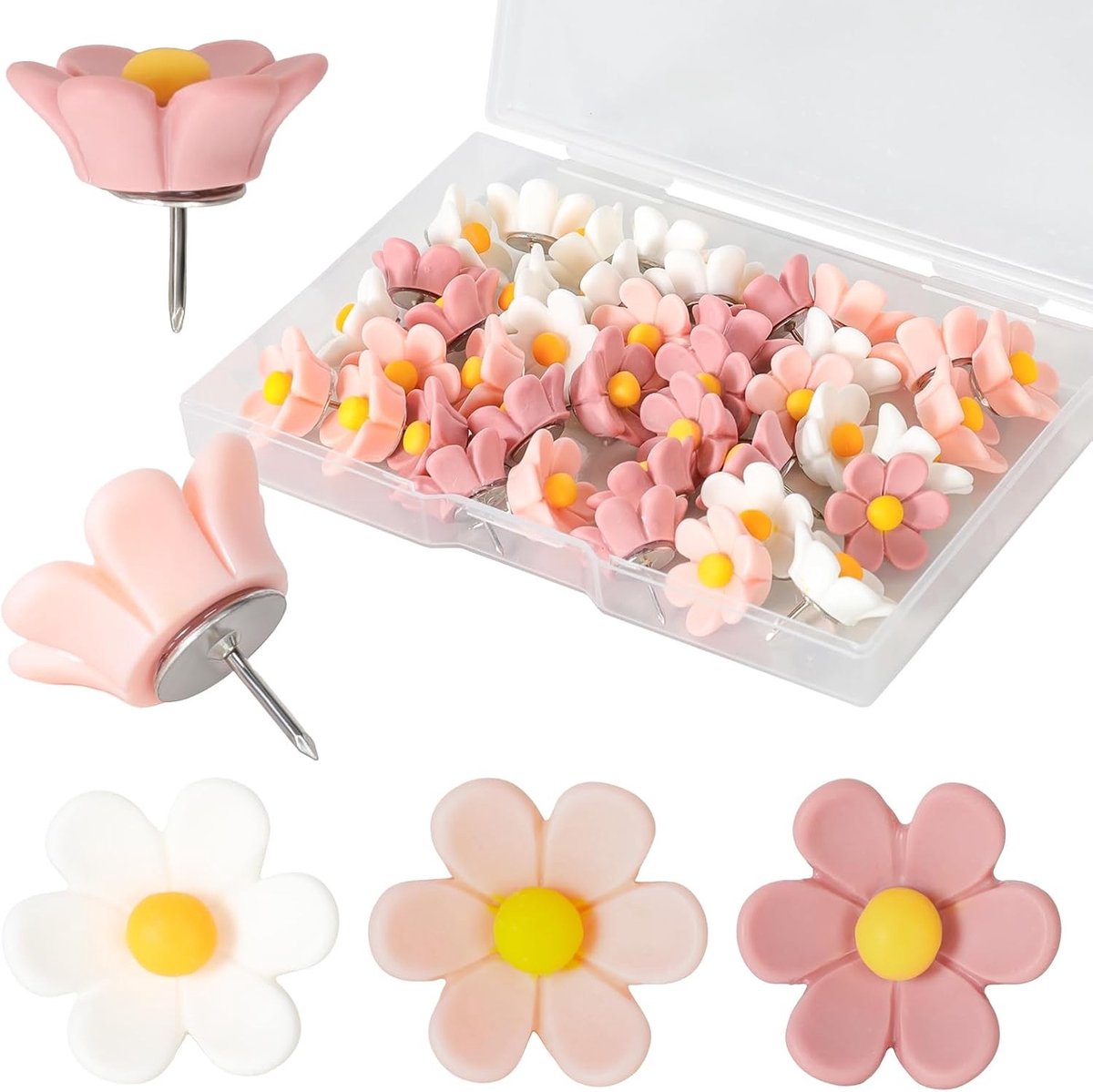 40 stuks decoratieve bloemenpunaises met opbergdoos voor prikborden, foto's en kaartmarkering (wit, roze, donkerroze)