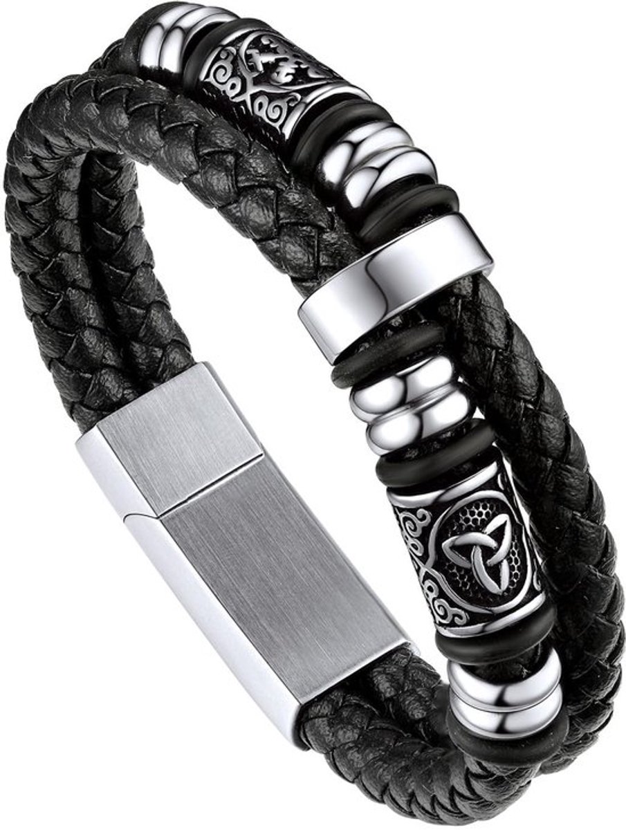 Dubbele rij zwarte gevlochten leren armband voor mannen met roestvrijstalen kralen, dubbele laag leren koord armband bangle met magnetische sluiting