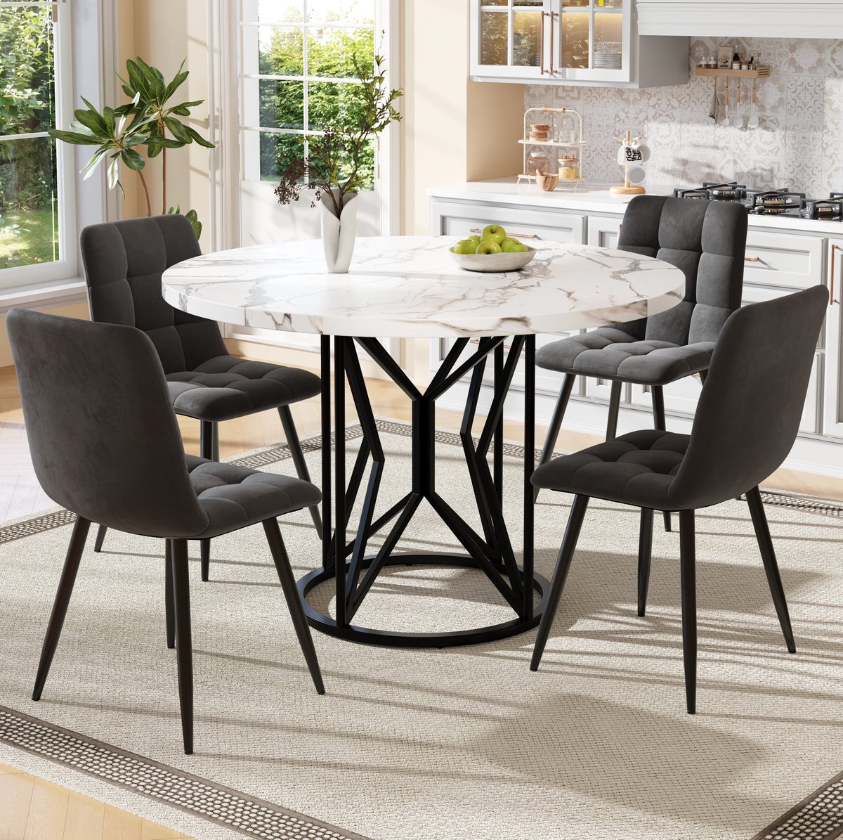 DESMIU Eettafelset 100 cm - Ronde Tafel Met 4 Fluwelen Stoelen - Voor Eetkamer En Keuken - Metaal MDF Fluweel - Wit Grijs Zwart