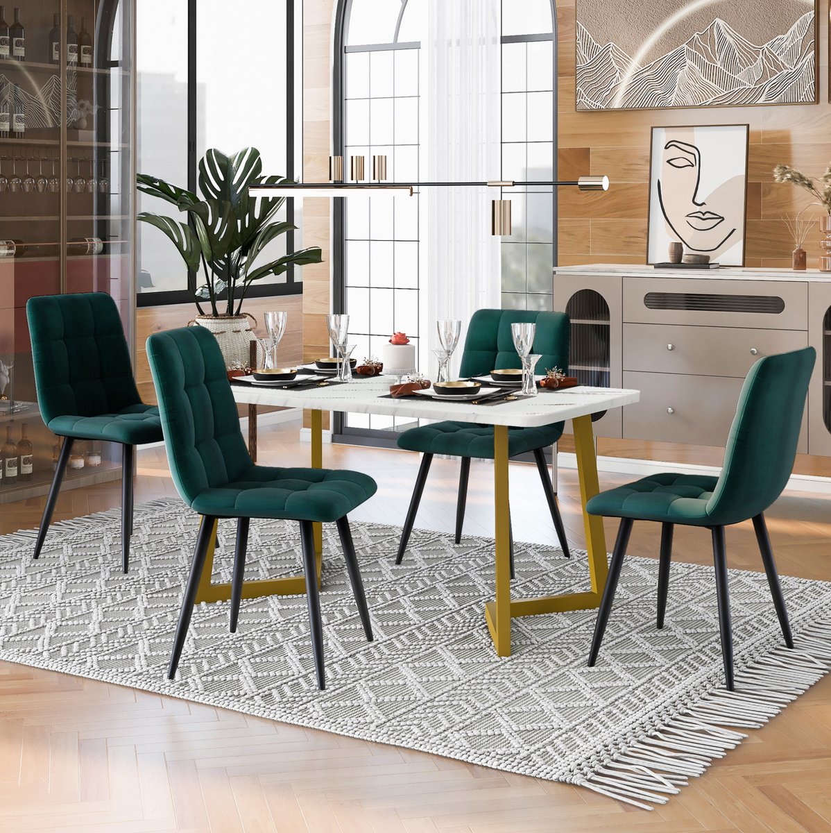 DESMIU Tafel En Stoelen Set 117 Cm - Rechthoekige Eettafel Met 4 Stoelen - Voor Keuken En Eetkamer - MDF En Fluweel - Donkergroen