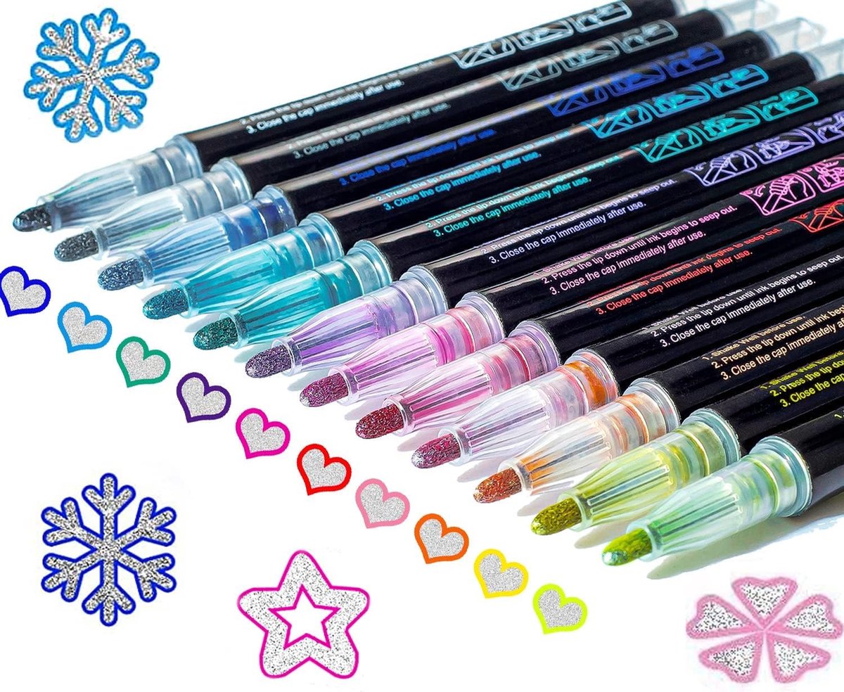 12-Kleurenset Markers - Twinmarkers - Stiften - Markeerstiften - Markeerstift - Glitter Markers - Dubbellijns Contourpen - Dual Tip - Voor Happy Stones, Glas, Hout & Textiel - Professionele Tekenset - Waterbasis