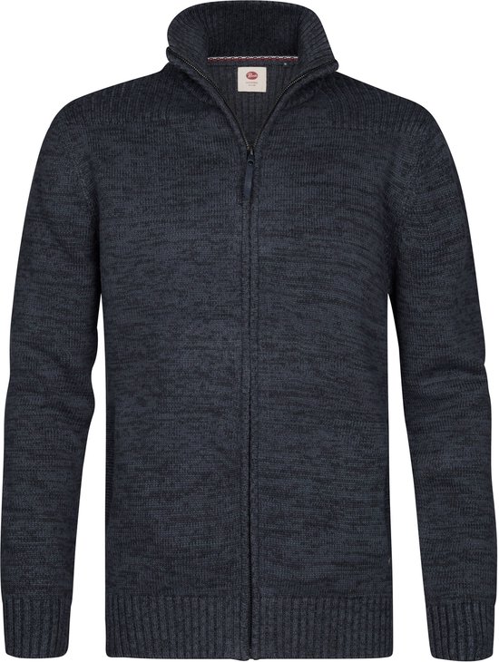 Donkerblauw gemêleerd gebreid vest met ritssluiting en opstaande kraag, open geritst.