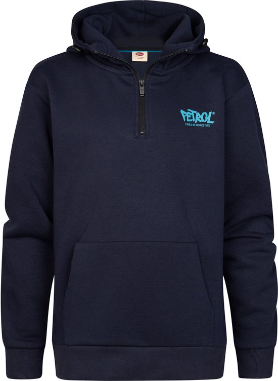 Donkerblauwe hoodie met capuchon, halve rits en kangoeroezak.