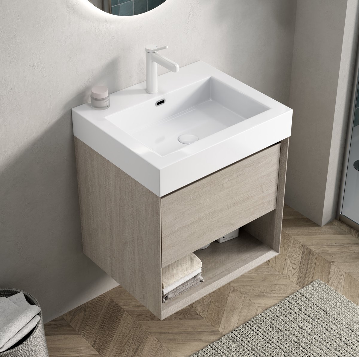 OKWISH Badkamermeubel – Hangend Wastafelmeubel – 55 x 46 x 60 cm – 1 Lade en 1 Open Vak – Voorgemonteerd – Resin Wit en Licht Eiken