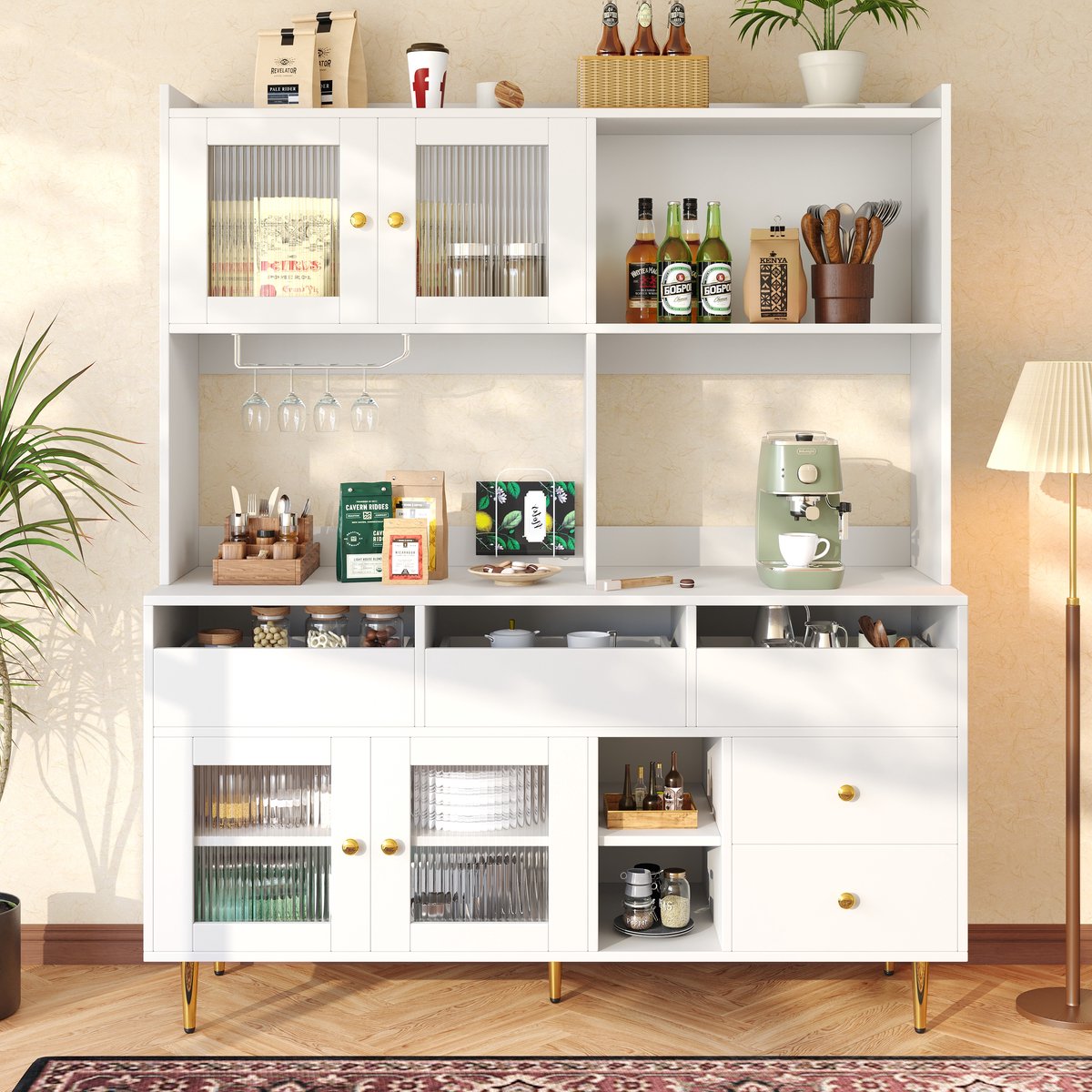 MODFU - Buffetkast - Modern - Wit - MDF - Glasdeuren - Opbergruimte - 145x39x171 Cm