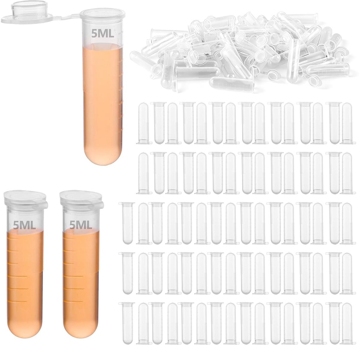 300 stuks centrifugaalbuizen van kunststof, 5 ml, transparante monsterbuizen voor laboratorium, chemie en onderzoek, met deksel en ronde bodem