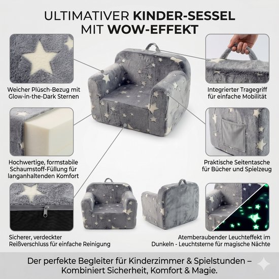 HAUSS SPOLE Kinderfauteuil - Zachte Kindersofa Met Armleuningen, Draaggreep En Afneembare Hoes - Voor Kinderkamer En Speelhoek - Stof Grijs Met Sterren van HAUSS SPOLE — afbeelding 3